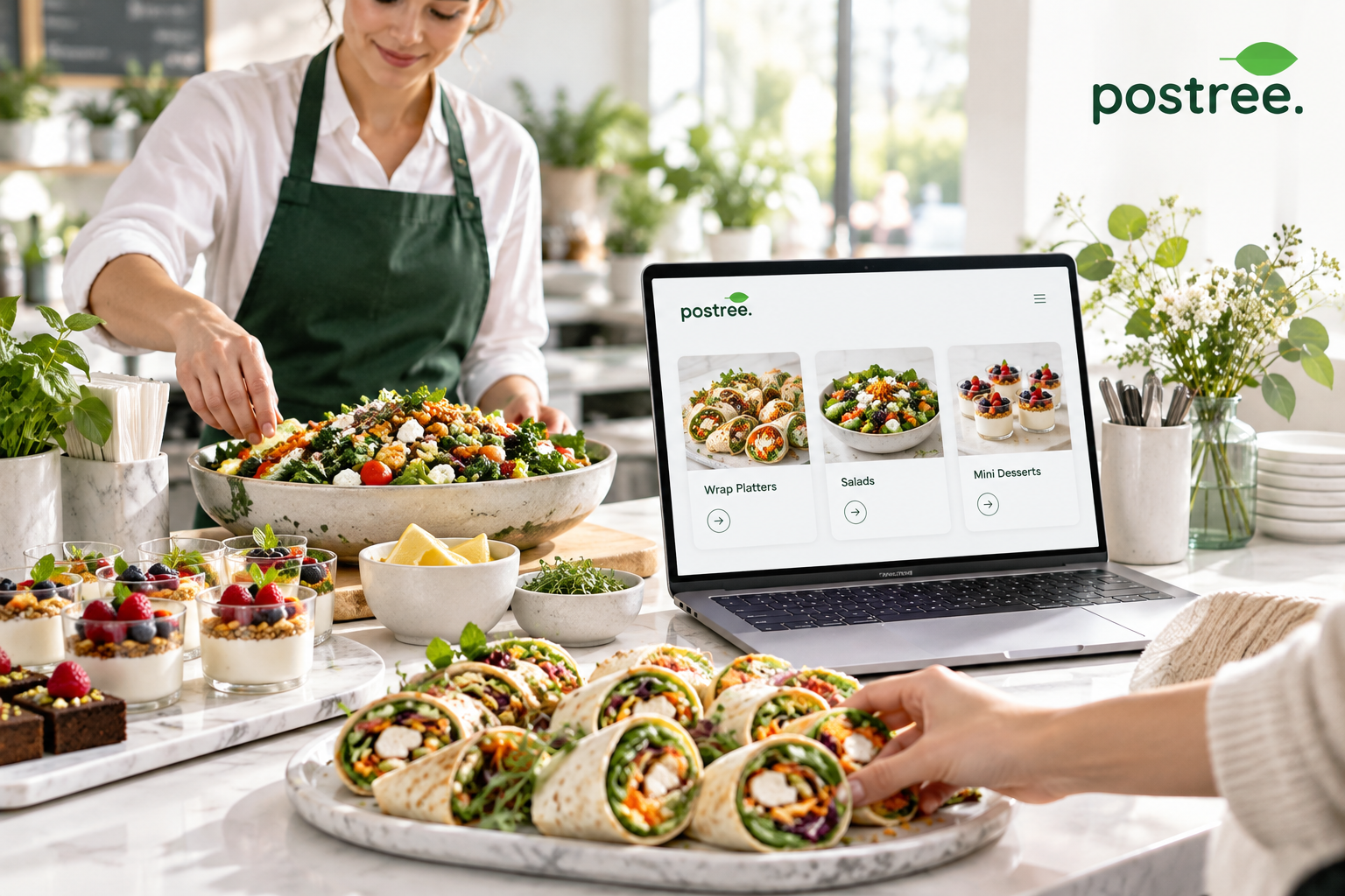 Postree catering website beside wrap platters, salad and mini desserts.