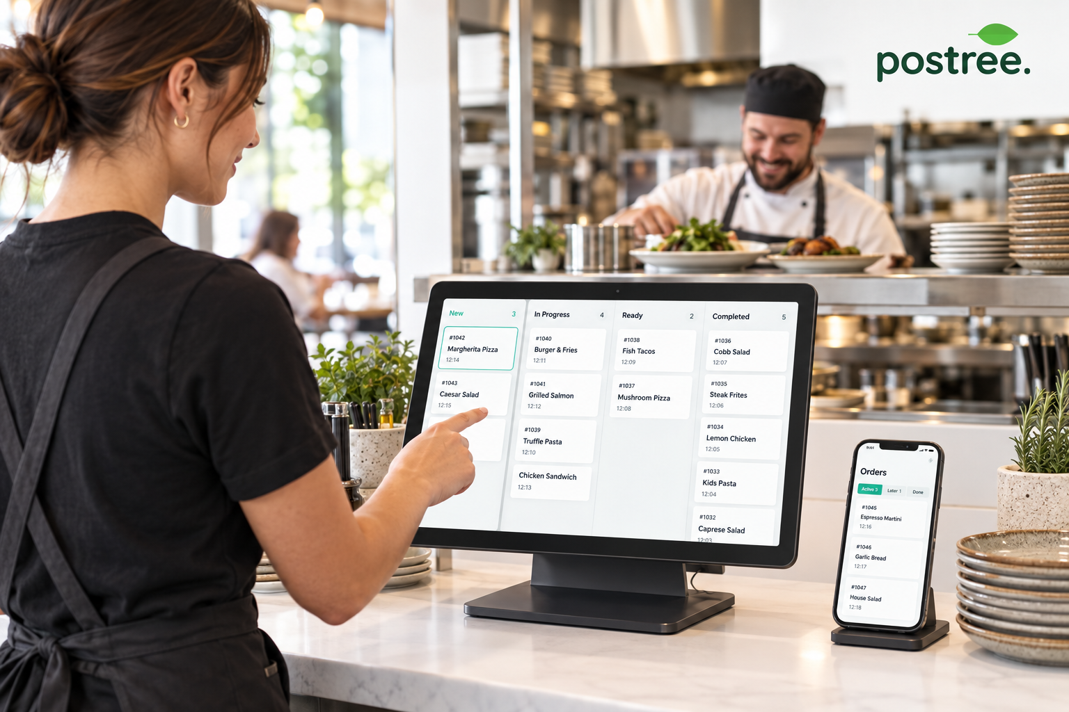 Restaurant staff using a modern Postree POS during connected service.