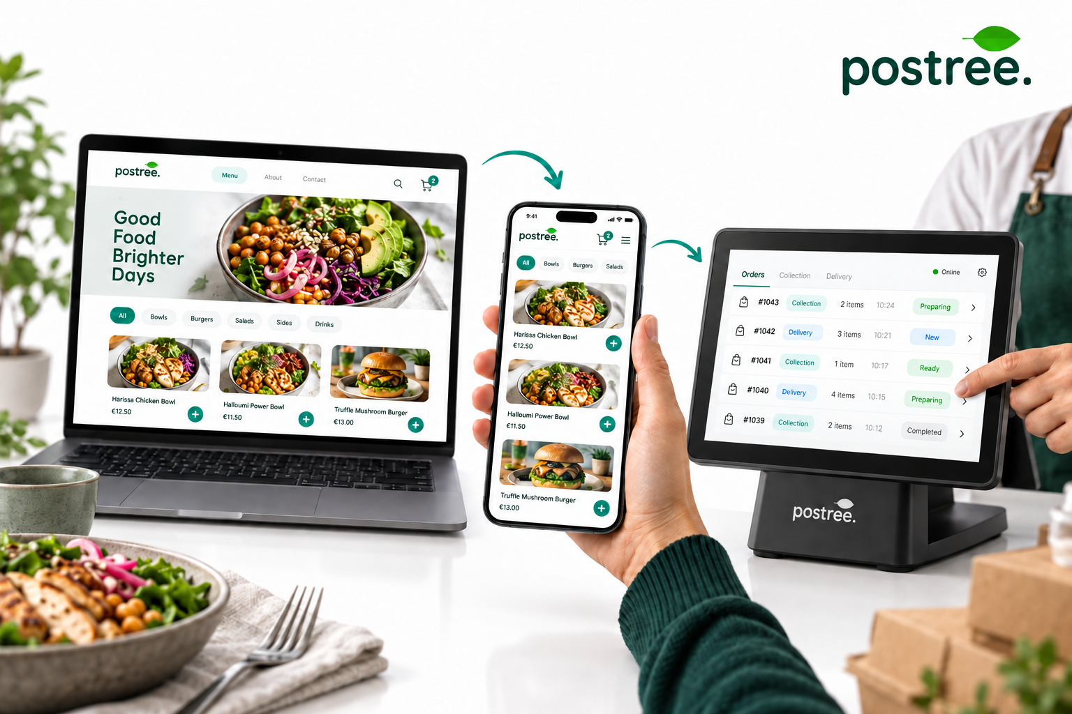 Branded ordering website and phone connected to a Postree till.