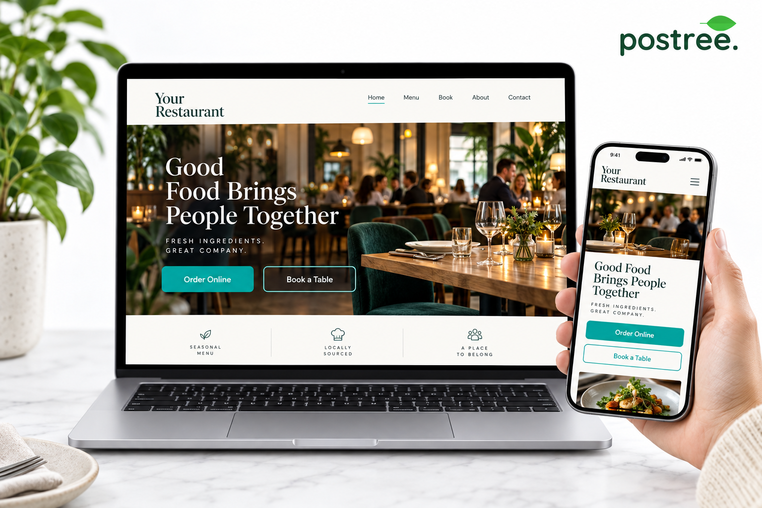 Responsive restaurant website with clear ordering and booking buttons on laptop and phone.