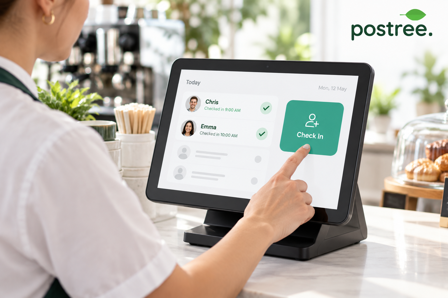 Staff checking attendance on a compact Postree terminal at a café counter.