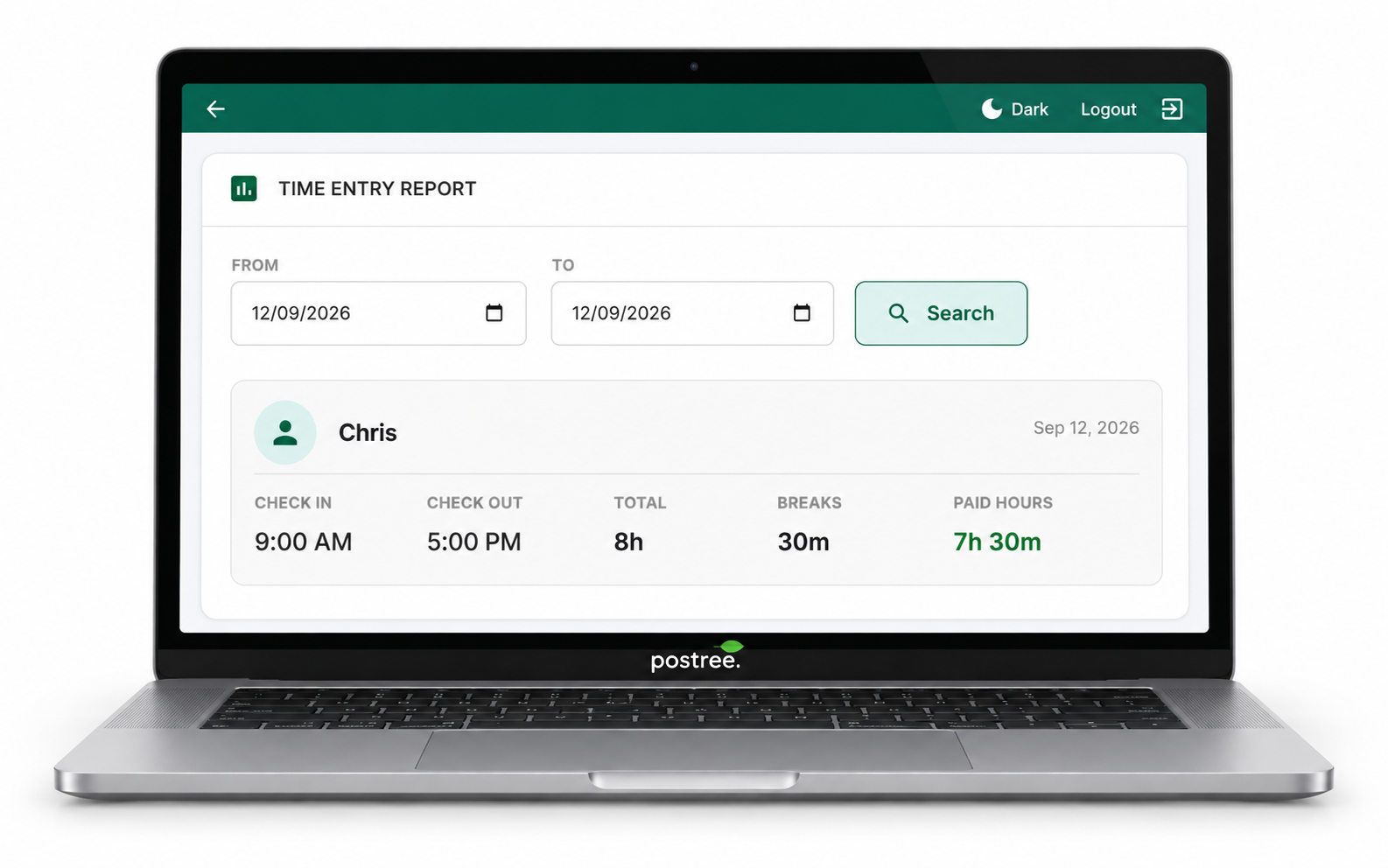 Time Entry report on a laptop showing check-in, check-out, total time, breaks and paid hours