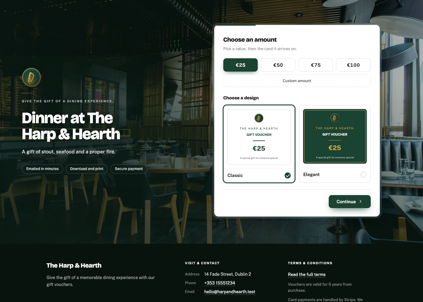 Choosing a gift voucher amount and card design on the branded voucher page