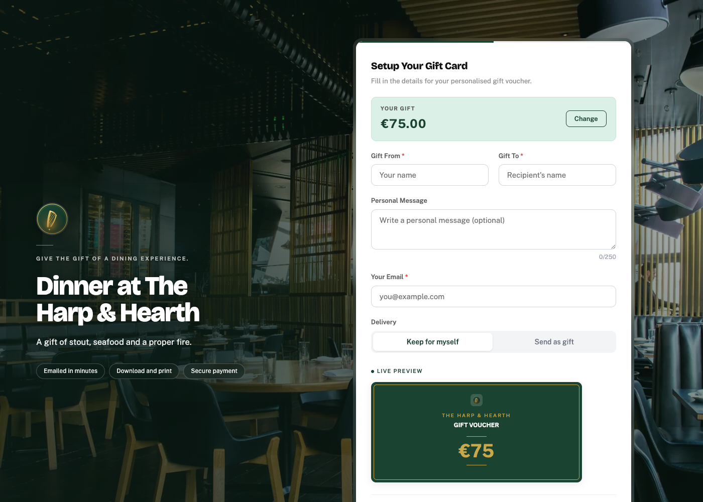 Entering who the gift voucher is for, with a personal message