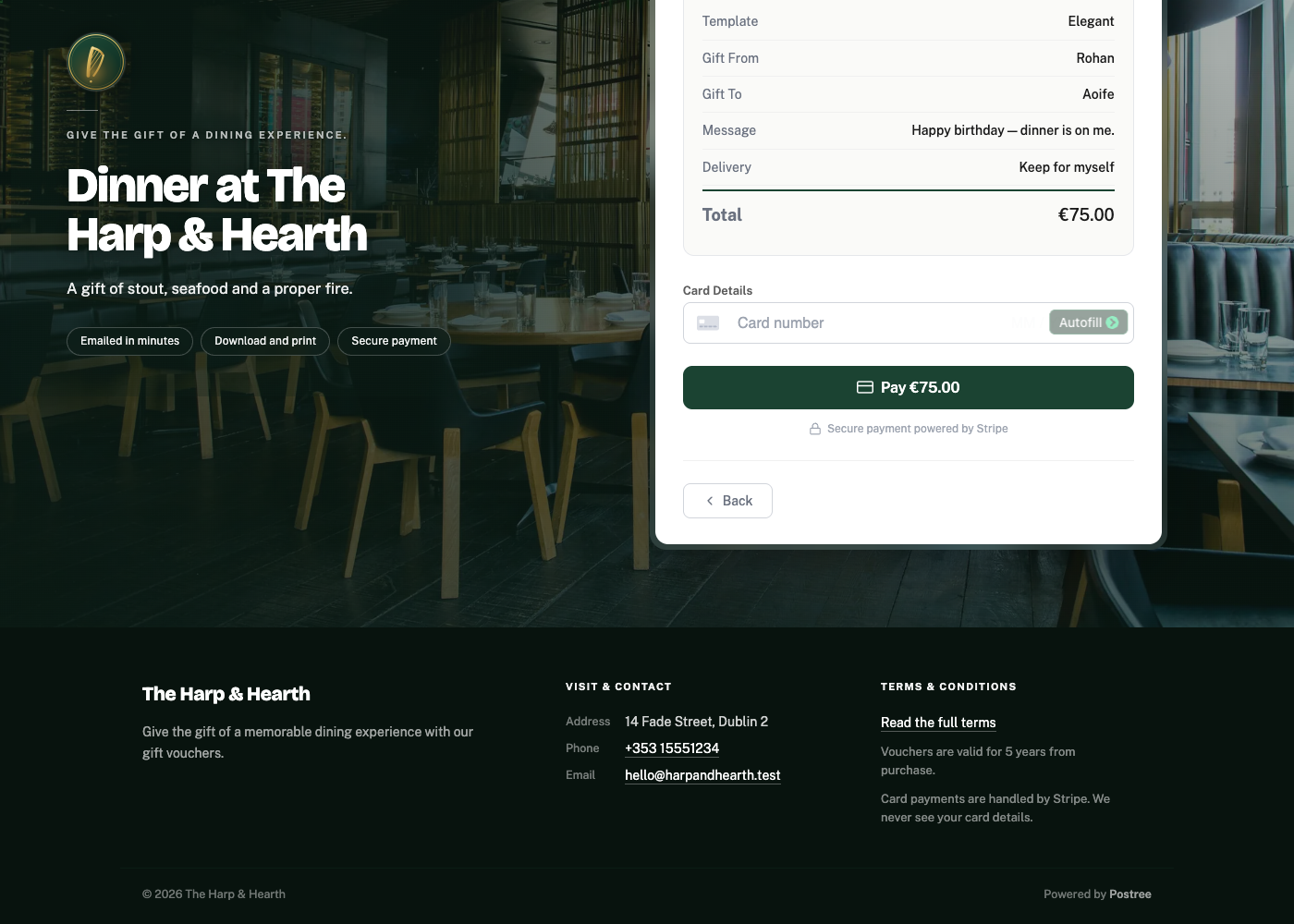 Paying for the gift voucher by card through Stripe