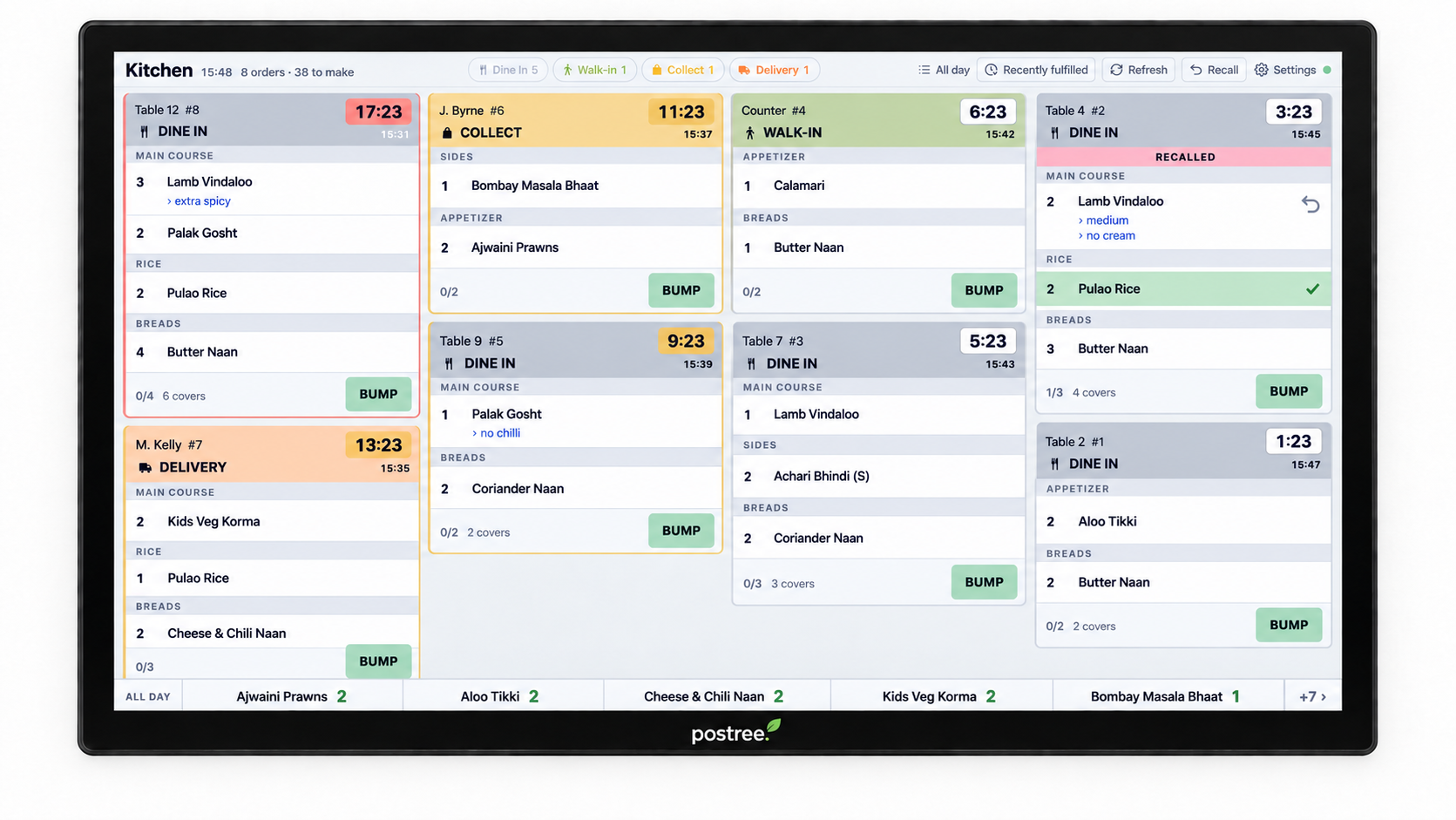 Postree KDS board on a kitchen display screen, order types colour-coded with live filter counts