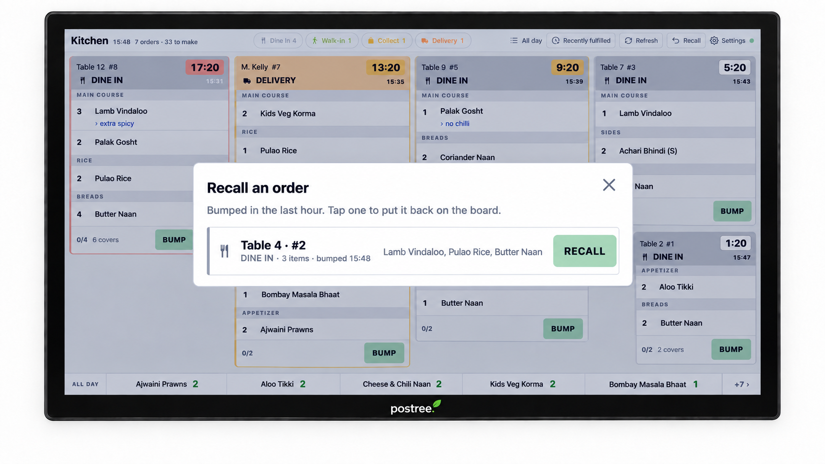 Postree KDS recall dialog open on a kitchen display screen, listing an order bumped in the last hour