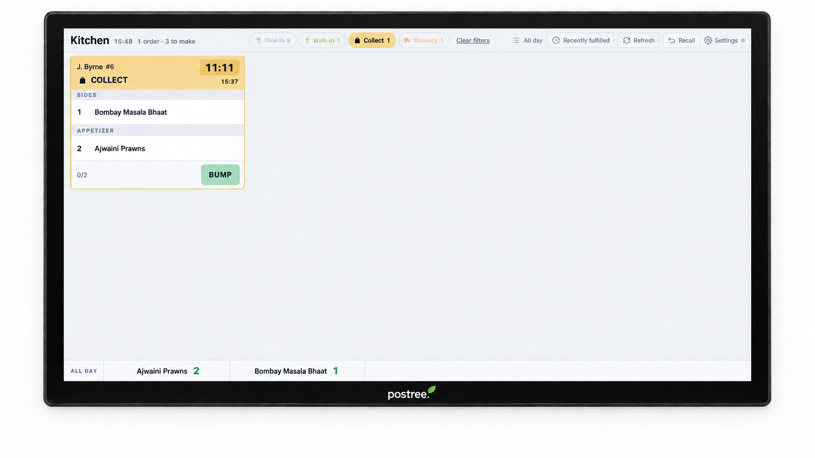 Postree KDS kitchen display screen showing a new collection order arriving with its timer and all-day counts