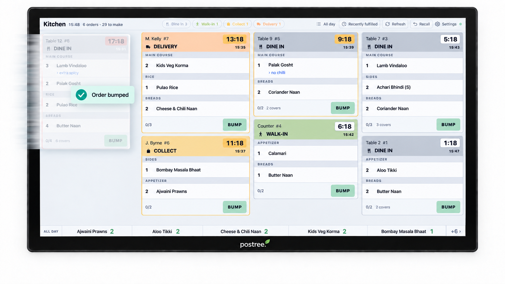 Postree KDS screen confirming an order bumped, with items ticked off on the card alongside