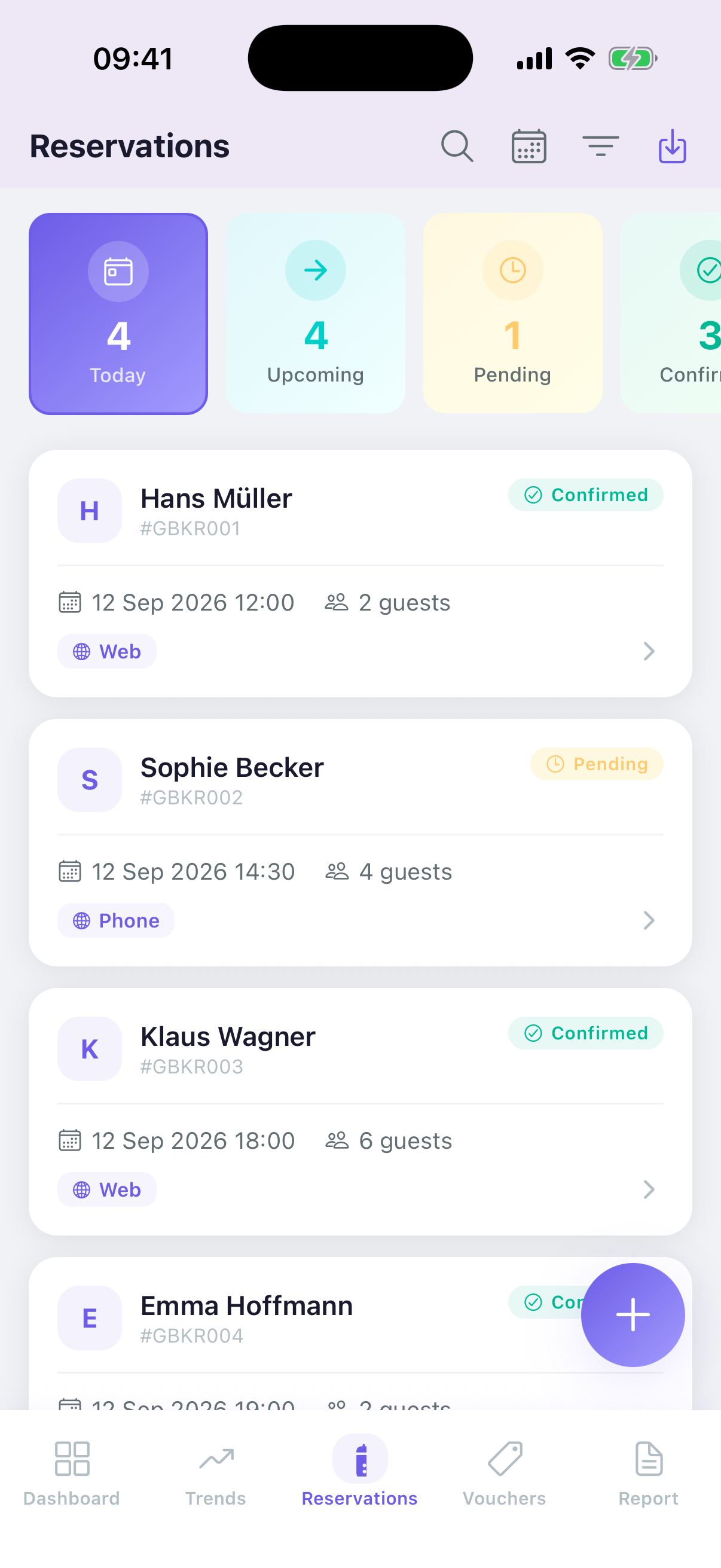 OneView app Reservations tab listing bookings with guest, date, party size and status