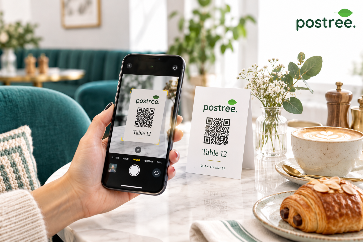 Customer scanning a Scan-me-for-menu QR code at a restaurant table