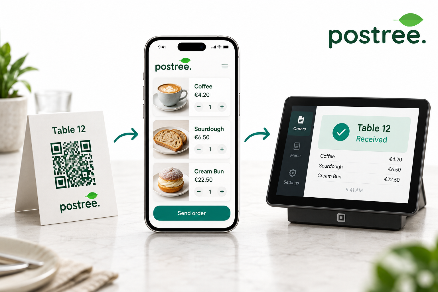 Guest viewing the menu on a phone beside a Scan-me QR stand
